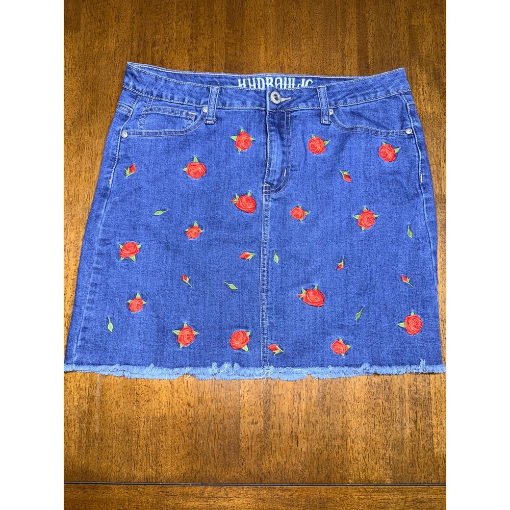 Hydraulic Denim Skirt Women 12 Blue Excellent Rose Embroidered Raw Hem Mini